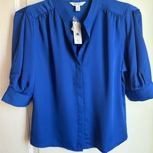 Nine West Blue Blouse with Mandarin Collar and 3/4 Cuffed Sleeves